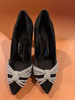 Vince Camuto Black Suede Pointed Pumps with Silver Crystal Knot Accent